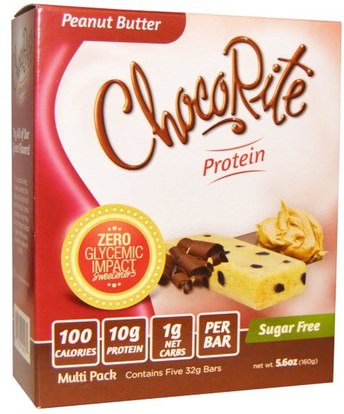 HealthSmart Foods, Inc., ChocoRite Protein, Peanut Butter, Sugar Free, 5 Bars, 32 g Each ,والمنتجات الحساسة للحرارة، والرياضة، والحانات البروتين