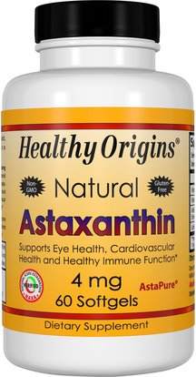 Healthy Origins, Astaxanthin, 4 mg, 60 Softgels ,المكملات الغذائية، مضادات الأكسدة، أستازانتين