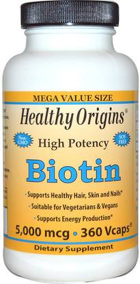 Healthy Origins, Biotin, High Potency, 5,000 mcg, 360 Vcaps ,الفيتامينات، فيتامين ب، البيوتين