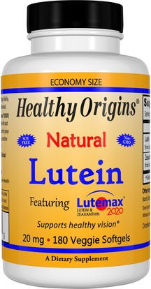 Healthy Origins, Lutein, Natural, 20 mg, 180 Veggie Softgels ,المكملات الغذائية، مضادات الأكسدة، اللوتين