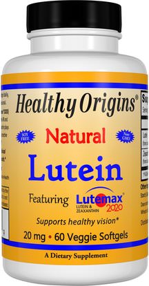 Healthy Origins, Lutein, Natural, 20 mg, 60 Veggie Softgels ,المكملات الغذائية، مضادات الأكسدة، اللوتين