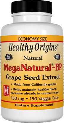 Healthy Origins, MegaNatural-BP Grape Seed Extract, 150 mg, 150 Veggie Caps ,المكملات الغذائية، مضادات الأكسدة، استخراج بذور العنب، الصحة، ضغط الدم