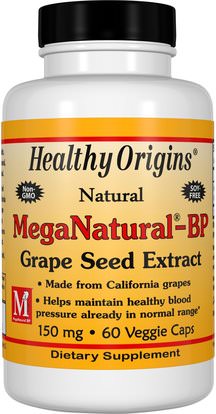 Healthy Origins, MegaNatural-BP Grape Seed Extract, 150 mg, 60 Veggie Caps ,المكملات الغذائية، مضادات الأكسدة، استخراج بذور العنب، الصحة، ضغط الدم