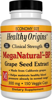 Healthy Origins, MegaNatural-BP Grape Seed Extract, 300 mg, 150 Veggie Caps ,المكملات الغذائية، مضادات الأكسدة، استخراج بذور العنب، الصحة، ضغط الدم