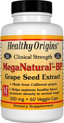 Healthy Origins, MegaNatural-BP Grape Seed Extract, 300 mg, 60 Veggie Caps ,المكملات الغذائية، مضادات الأكسدة، استخراج بذور العنب، الصحة، ضغط الدم