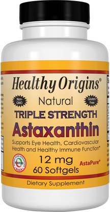 Healthy Origins, Natural Triple Strength Astaxanthin, 12 mg, 60 Softgels ,المكملات الغذائية، مضادات الأكسدة، أستازانتين
