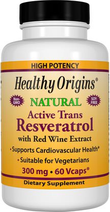 Healthy Origins, Active Trans Resveratrol, with Red Wine Exract, 300 mg, 60 VCaps ,المكملات الغذائية، ريسفيراترول
