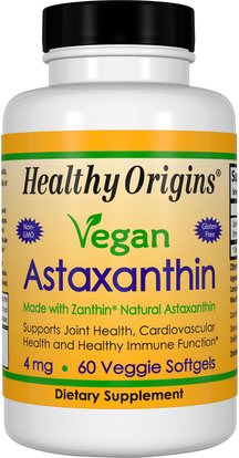 Healthy Origins, Vegan Astaxanthin, 4 mg, 60 Veggie Softgels ,المكملات الغذائية، مضادات الأكسدة، أستازانتين