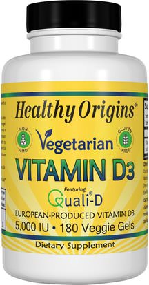 Healthy Origins, Vegetarian Vitamin D3, 5,000 IU, 180 Veggie Gels ,الفيتامينات، فيتامين d3