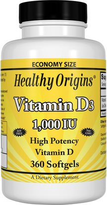 Healthy Origins, Vitamin D3, 1,000 IU, 360 Softgels ,الفيتامينات، فيتامين d3