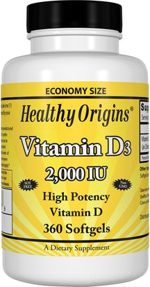 Healthy Origins, Vitamin D3, 2,000 IU, 360 Softgels ,الفيتامينات، فيتامين d3