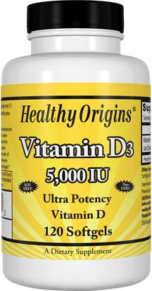Healthy Origins, Vitamin D3, 5,000 IU, 120 Softgels ,الفيتامينات، فيتامين d3
