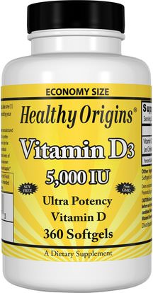 Healthy Origins, Vitamin D3, 5,000 IU, 360 Softgels ,الفيتامينات، فيتامين d3