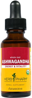 Herb Pharm, Ashwagandha, Whole Root, 1 fl oz (30 ml) ,الأعشاب، أشواغاندا ويثانيا سومنيفيرا، أدابتوجين
