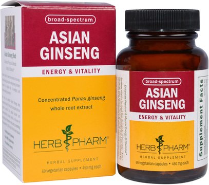 Herb Pharm, Asian Ginseng, 450 mg, 60 Veggie Caps ,المكملات الغذائية، أدابتوغين، الانفلونزا الباردة والفيروسية، الجينسنغ