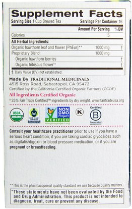 Herb-sa Traditional Medicinals, Herbal Teas, Organic Hawthorn with Hibiscus, Naturally Caffeine Free Herbal Tea, 16 Wrapped Tea Bags, 1.13 oz (32 g)