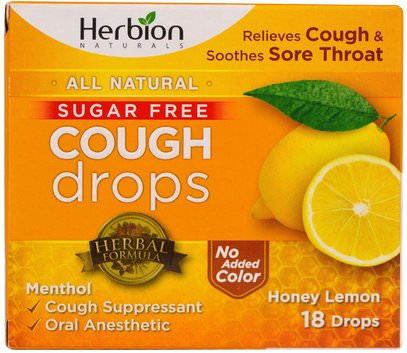 Herbion, Cough Drops, Sugar Free, Honey Lemon, 18 Drops ,والصحة، والرئة والقصبات الهوائية، والسعال قطرات