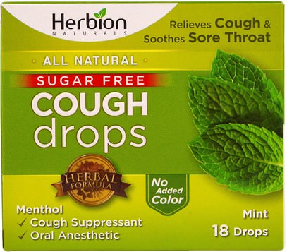 Herbion, Cough Drops, Sugar Free, Mint, 18 Drops ,والصحة، والرئة والقصبات الهوائية، والسعال قطرات