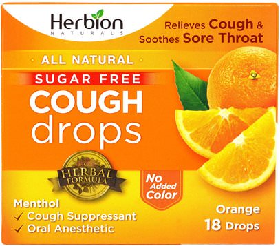 Herbion, Cough Drops, Sugar Free, Orange, 18 Drops ,والصحة، والرئة والقصبات الهوائية، والسعال قطرات