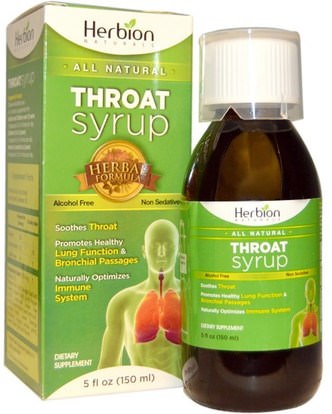 Herbion, Throat Syrup, Alcohol Free, 5 fl oz (150 ml) ,والصحة، والانفلونزا الباردة والفيروسية، ورذاذ الرعاية الحلق