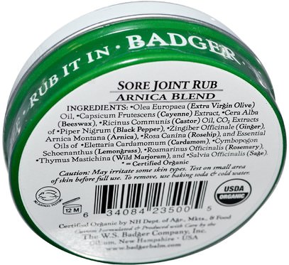 الأعشاب، أرنيكا مونتانا، أنتي ألم Badger Company, Sore Joint Rub, Arnica Blend, 2 oz (56 g)