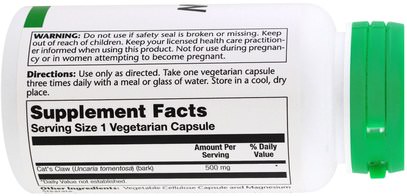 الأعشاب، القطط، مخلب، (وا، دي، غاتو) Solaray, Cats Claw, 500 mg, 100 Veggie Caps