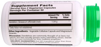 الأعشاب، جذر الهندباء من البرية Solaray, Dandelion, 520 mg, 100 Veggie Caps