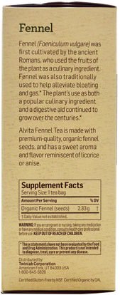 الأعشاب، الشمر Alvita Teas, Organic, Fennel Tea, Caffeine Free, 24 Tea Bags, 1.98 oz (56 g)