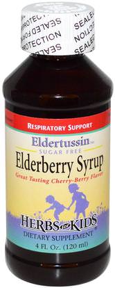 Herbs for Kids, Sugar Free Elderberry Syrup, Cherry-Berry Flavor, 4 fl oz (120 ml) ,والصحة، والانفلونزا الباردة والفيروسية، إلديربيري (سامبوكوس)، جهاز المناعة