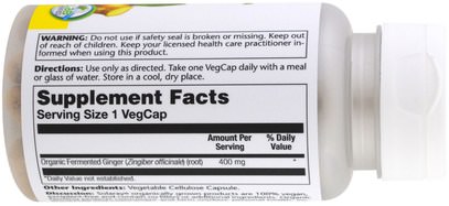 الأعشاب، جذر الزنجبيل Solaray, Organically Grown Fermented Ginger, 400 mg, 100 Veggie Caps