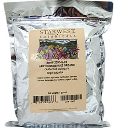 الأعشاب، الزعرور Starwest Botanicals, Organic, Hawthorn Berries, 1 lb (453.6 g)
