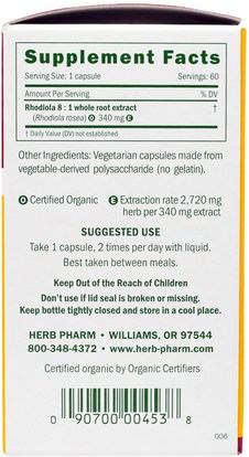 الأعشاب، روديولا الوردية، أدابتوجين Herb Pharm, Rhodiola, 340 mg, 60 Veggie Caps