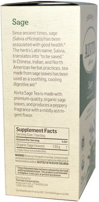 الأعشاب، حكيم أوراق الشاي Alvita Teas, Sage, Organic, Caffeine Free, 24 Tea Bags, 1.13 oz (32 g)