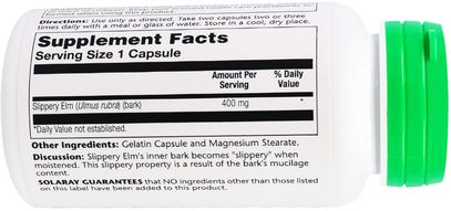 الأعشاب، الزعنفة الدردار Solaray, Slippery Elm, 400 mg, 100 Easy-To-Swallow Capsules