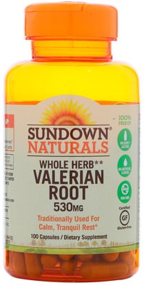 الأعشاب، فاليريان Sundown Naturals, Valerian Root, 530 mg, 100 Capsules