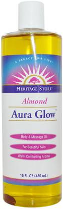 Heritage Stores, Aura Glow, Almond, 16 fl oz (480 ml) ,الصحة، الجلد، زيت التدليك، حمام، الجمال، الشعر، فروة الرأس