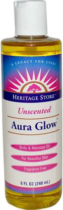 Heritage Stores, Aura Glow, Body & Massage Oil, Unscented, 8 fl oz (240 ml) ,الصحة، الجلد، زيت التدليك