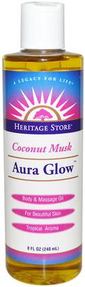 Heritage Stores, Aura Glow, Coconut Musk, 8 fl oz (240 ml) ,الصحة، الجلد، زيت التدليك، حمام، الجمال، الشعر، فروة الرأس