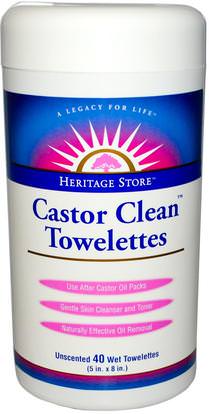 Heritage Stores, Castor Clean Towelettes, Unscented, 40 Wet Towelettes, (5 in x 8 in) Each ,الصحة، الجلد، زيت الخروع