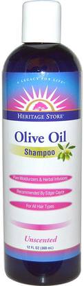 Heritage Stores, Olive Oil Shampoo, Unscented, 12 fl oz (360 ml) ,حمام، الجمال، الشامبو، الشعر، فروة الرأس، مكيف