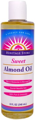 Heritage Stores, Sweet Almond Oil, 8 fl oz (240 ml) ,والصحة، والجلد، وزيت التدليك، وزيوت العناية بالجسم