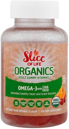 Hero Nutritional Products, Slice of Life Organics, Adult Gummy Vitamins, Omega-3 with Chia Seed, Natural Cran-Orange, 60 Gummies ,المكملات الغذائية، ايفا اوميجا 3 6 9 (إيبا دا)