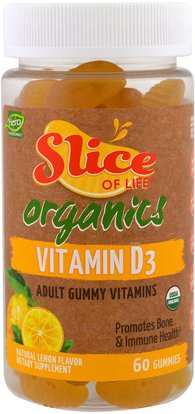 Hero Nutritional Products, Slice of Life Organics, Vitamin D3, Lemon Flavor, 60 Gummies ,الفيتامينات، فيتامين d3، فيتامين د غوميز