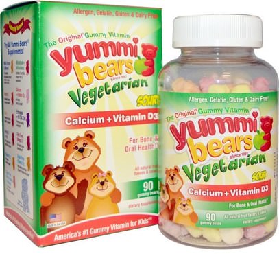 Hero Nutritional Products, Yummi Bears, Calcium + Vitamin D3, Vegetarian, Sour, 90 Gummy Bears ,المكملات الغذائية، المعادن، الكالسيوم، الكالسيوم مضغ، صحة الأطفال، أطفال غوميز