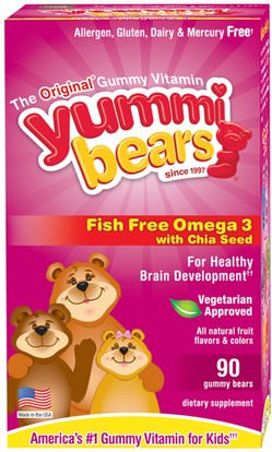 Hero Nutritional Products, Yummi Bears, Fish Free Omega 3 with Chia Seed, All Natural Fruit Flavors, 90 Gummy Bears ,صحة الأطفال، مكملات الأطفال، إيفا أوميجا 3 6 9 (إيبا دا)، أوميغا 369 غوميز