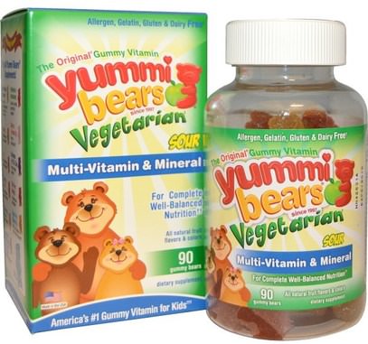 Hero Nutritional Products, Yummi Bears, Multi-Vitamin & Mineral, Vegetarian, Sour, 90 Gummy Bears ,الفيتامينات، الفيتامينات المتعددة، الأطفال الفيتامينات، غوميس الفيتامينات