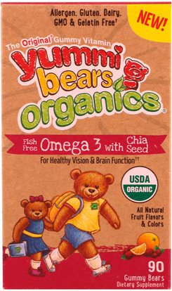Hero Nutritional Products, Yummi Bears Organics, Fish Free Omega 3 with Chia Seed, All Natural Fruit Flavors & Colors, 90 Gummy Bears ,المكملات الغذائية، ايفا اوميجا 3 6 9 (إيبا دا)