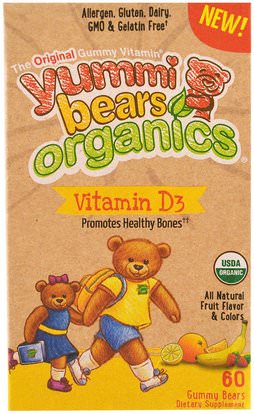 Hero Nutritional Products, Yummi Bears Organics, Vitamin D3, Natural Fruit Flavors, 60 Gummy Bears ,صحة الأطفال، مكملات الأطفال، فيتامين d3، فيتامين د غوميز