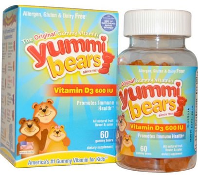 Hero Nutritional Products, Yummi Bears, Vitamin D3, 600 IU, 60 Gummy Bears ,الفيتامينات، فيتامين d3، ملاحق الأطفال
