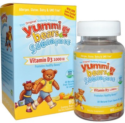Hero Nutritional Products, Yummi Bears, Vitamin D3, Sugar Free, Fruit Flavors, 1000 IU, 60 Gummy Bears ,صحة الأطفال، مكملات الأطفال، فيتامين d3، فيتامين د غوميز